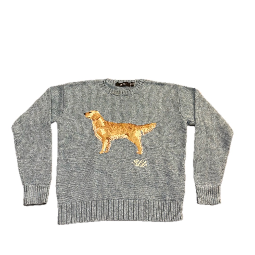 Lauren Ralph Lauren Blue Cotton Golden Retriever Intarsia Knit Sweater XS